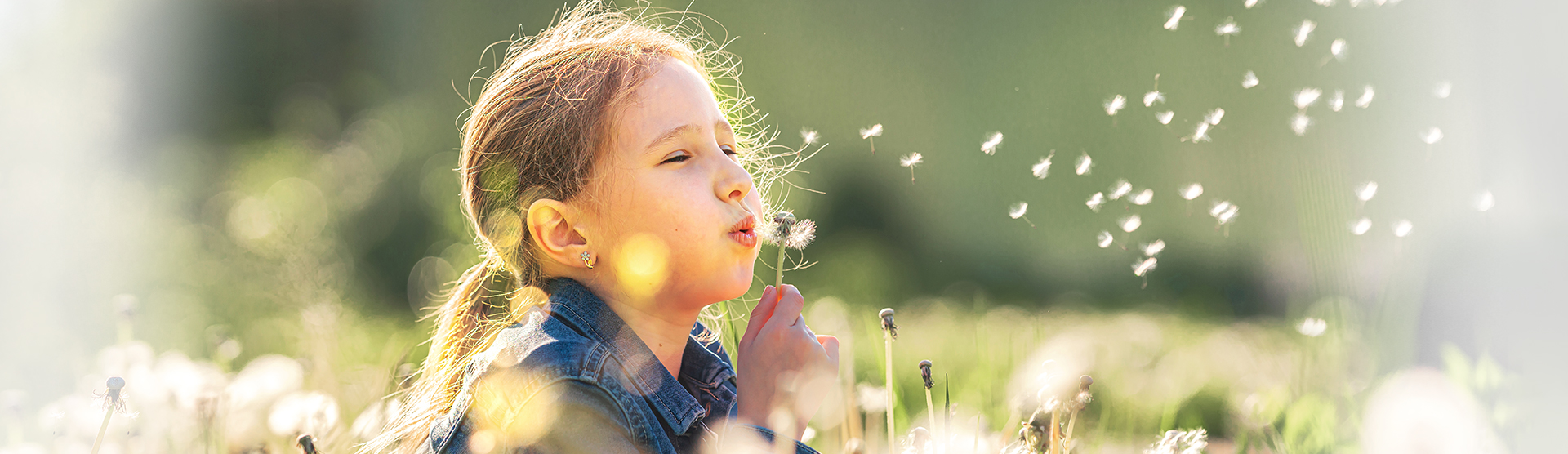 Junges Mädchen sitzt in Wiese und pustet Pusteblume